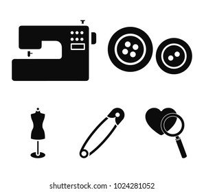 Electric sewing machine, dummy on the stand, pin, buttons.Atelier set collection icons in black style vector symbol stock illustration web.
