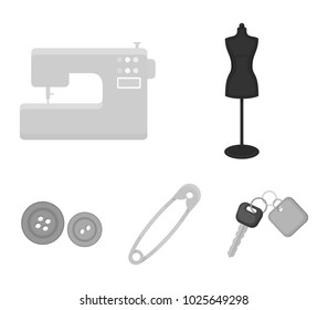 Electric sewing machine, dummy on the stand, pin, buttons.Atelier set collection icons in monochrome style vector symbol stock illustration web.