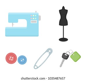 Electric sewing machine, dummy on the stand, pin, buttons.Atelier set collection icons in cartoon style vector symbol stock illustration web.