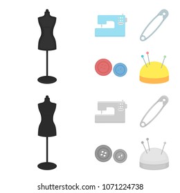 Electric sewing machine, dummy on the stand, pin, buttons.Atelier set collection icons in cartoon,monochrome style vector symbol stock illustration web.