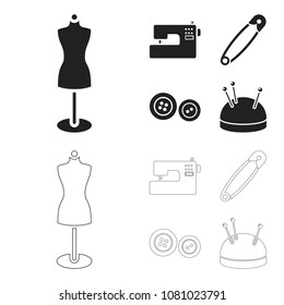Electric sewing machine, dummy on the stand, pin, buttons.Atelier set collection icons in black,outline style vector symbol stock illustration web.