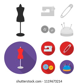 Electric sewing machine, dummy on the stand, pin, buttons.Atelier set collection icons in monochrome,flat style vector symbol stock illustration web.