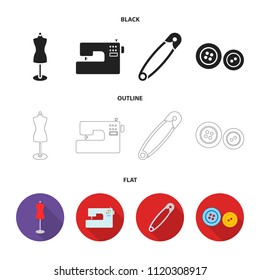 Electric sewing machine, dummy on the stand, pin, buttons.Atelier set collection icons in black,flat,outline style vector symbol stock illustration web.