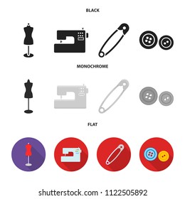 Electric sewing machine, dummy on the stand, pin, buttons.Atelier set collection icons in black, flat, monochrome style vector symbol stock illustration web.