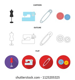 Electric sewing machine, dummy on the stand, pin, buttons.Atelier set collection icons in cartoon, outline, flat style vector symbol stock illustration web.