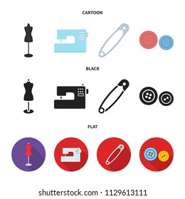 Electric sewing machine, dummy on the stand, pin, buttons.Atelier set collection icons in cartoon,black,flat style vector symbol stock illustration web.