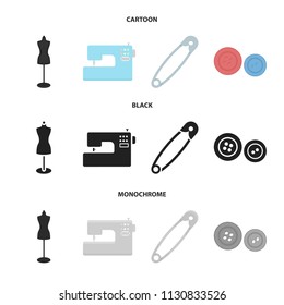 Electric sewing machine, dummy on the stand, pin, buttons.Atelier set collection icons in cartoon,black,monochrome style vector symbol stock illustration web.