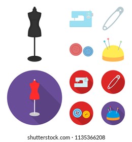 Electric sewing machine, dummy on the stand, pin, buttons.Atelier set collection icons in cartoon,flat style vector symbol stock illustration web.