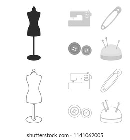 Electric sewing machine, dummy on the stand, pin, buttons.Atelier set collection icons in outline,monochrome style vector symbol stock illustration web.