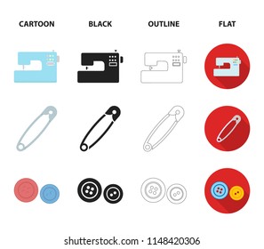Electric sewing machine, dummy on the stand, pin, buttons.Atelier set collection icons in cartoon,black,outline,flat style vector symbol stock illustration web.