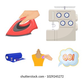 Electric sewing machine, iron for ironing, marking with chalk clothes, roll of fabric and other equipment. Sewing and equipment set collection icons in cartoon style vector symbol stock illustration