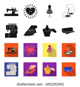 Electric sewing machine, iron for ironing, marking with chalk clothes, roll of fabric and other equipment. Sewing and equipment set collection icons in black,flet style vector symbol stock