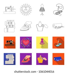 Electric sewing machine, iron for ironing, marking with chalk clothes, roll of fabric and other equipment. Sewing and equipment set collection icons in outline,flet style vector symbol stock