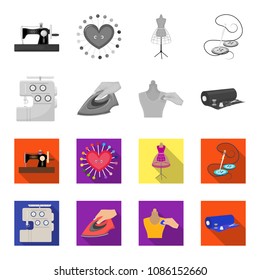 Electric sewing machine, iron for ironing, marking with chalk clothes, roll of fabric and other equipment. Sewing and equipment set collection icons in monochrome,flat style vector symbol stock