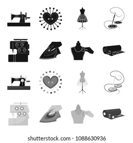 Electric sewing machine, iron for ironing, marking with chalk clothes, roll of fabric and other equipment. Sewing and equipment set collection icons in black,monochrome style vector symbol stock