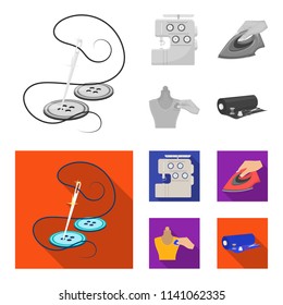Electric sewing machine, iron for ironing, marking with chalk clothes, roll of fabric and other equipment. Sewing and equipment set collection icons in monochrome,flat style vector symbol stock