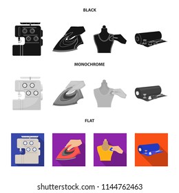 Electric sewing machine, iron for ironing, marking with chalk clothes, roll of fabric and other equipment. Sewing and equipment set collection icons in black, flat, monochrome style vector symbol