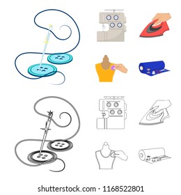 Electric sewing machine, iron for ironing, marking with chalk clothes, roll of fabric and other equipment. Sewing and equipment set collection icons in cartoon,outline style vector symbol stock