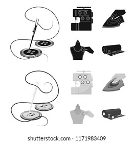 Electric sewing machine, iron for ironing, marking with chalk clothes, roll of fabric and other equipment. Sewing and equipment set collection icons in black,monochrome style vector symbol stock