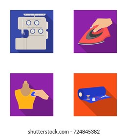 Electric sewing machine, iron for ironing, marking with chalk clothes, roll of fabric and other equipment. Sewing and equipment set collection icons in flat style vector symbol stock illustration web.