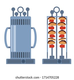 Electric shashlik a white background. Home BBQ grill open, closed, empty and  with food. Equipment for the kitchen. Vector illustration in flat style. Kitchenware grill. Kebab maker