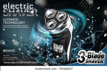 Electric shaver ads with splashing water and light effect in 3d illustration