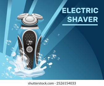 Publicidad de la afeitadora eléctrica con un diseño elegante, efectos de burbujas de salpicadura de agua y fondo azul moderno. Ideal para promocionar productos de aseo masculino o marcas de cuidado personal. Ilustración vectorial.