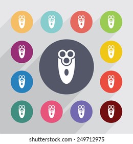 electric shaver circle, flat icons set. Round colorful buttons 