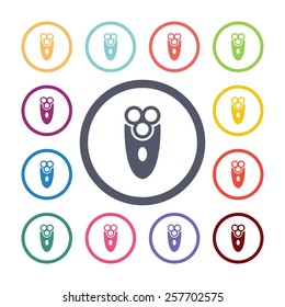 electric shaver flat icons set. Open colorful buttons 