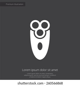 electric shaver premium illustration icon, isolated, white on dark background, with text elements 