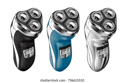 Electric shaver set, three different colors shaver template isolated on white background in 3d illustration