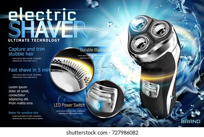 Electric shaver with splashing water and glowing lights, close up look at detailed part in 3d illustration