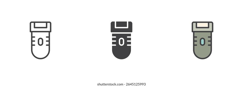 Electric shaving device icon in line, solid, and filled outline styles. Personal hygiene and grooming symbol. Vector care sign for facial trimming and shaving.