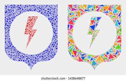 Electric shield collage icon of triangle items which have variable sizes and shapes and colors. Geometric abstract vector design concept of electric shield.