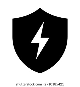 Electric shield icon with lightning bolt electric station or voltage protection flat design vector pictogram on white background. Electrical safety surge protection secure power grid.