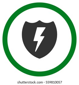 Electric Shield vector bicolor rounded icon. Image style is a flat icon symbol inside a circle, green and gray colors, white background.