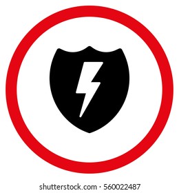Electric Shield vector bicolor rounded icon. Image style is a flat icon symbol inside a circle, intensive red and black colors, white background.