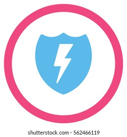 Electric Shield vector bicolor rounded icon. Image style is a flat icon symbol inside a circle, pink and blue colors, white background.