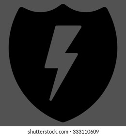 Electric Shield vector icon. Style is flat symbol, black color, rounded angles, gray background.