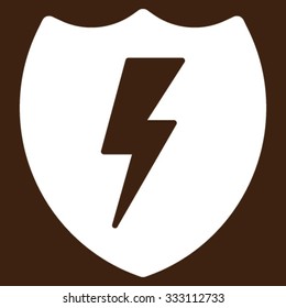 Electric Shield vector icon. Style is flat symbol, white color, rounded angles, brown background.