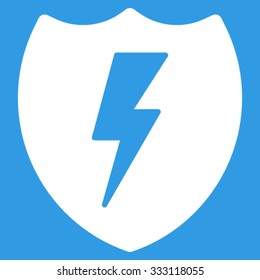 Electric Shield vector icon. Style is flat symbol, white color, rounded angles, blue background.