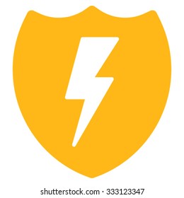 Electric Shield vector icon. Style is flat symbol, yellow color, rounded angles, white background.