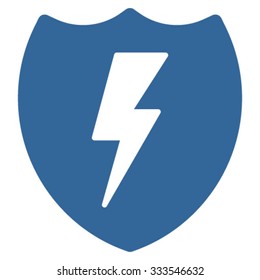 Electric Shield vector icon. Style is flat symbol, cobalt color, rounded angles, white background.