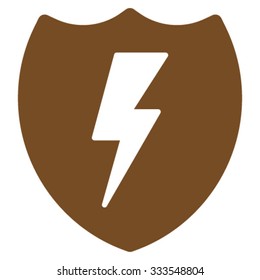 Electric Shield vector icon. Style is flat symbol, brown color, rounded angles, white background.