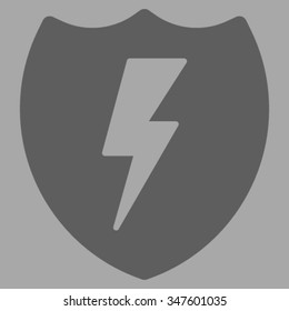 Electric Shield vector icon. Style is flat symbol, dark gray color, rounded angles, silver background.
