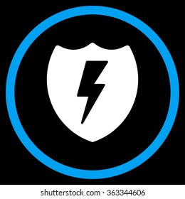 Electric Shield vector icon. Style is bicolor flat circled symbol, blue and white colors, rounded angles, black background.