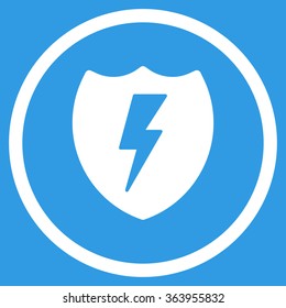 Electric Shield vector icon. Style is flat circled symbol, white color, rounded angles, blue background.
