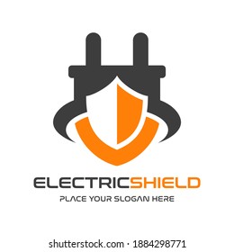 Electric shield vector logo template. This design use plug or charge symbol. Suitable for technology.