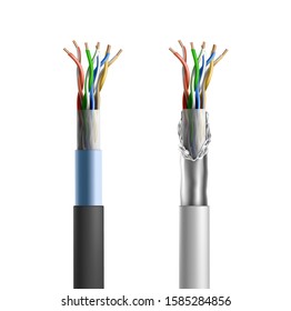 Electric shielded cable with plastic and foil braid and crossed cooper wires. Vector set of realistic twisted fiber optic pair cable with insulation isolated on white background