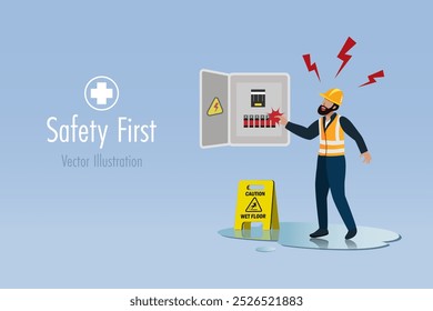 Electric shock at construction site. Worker touch breaker on wet floor causes electric shock accident.
Safety first, carelessly and accident caution at construction site. Vector.	
